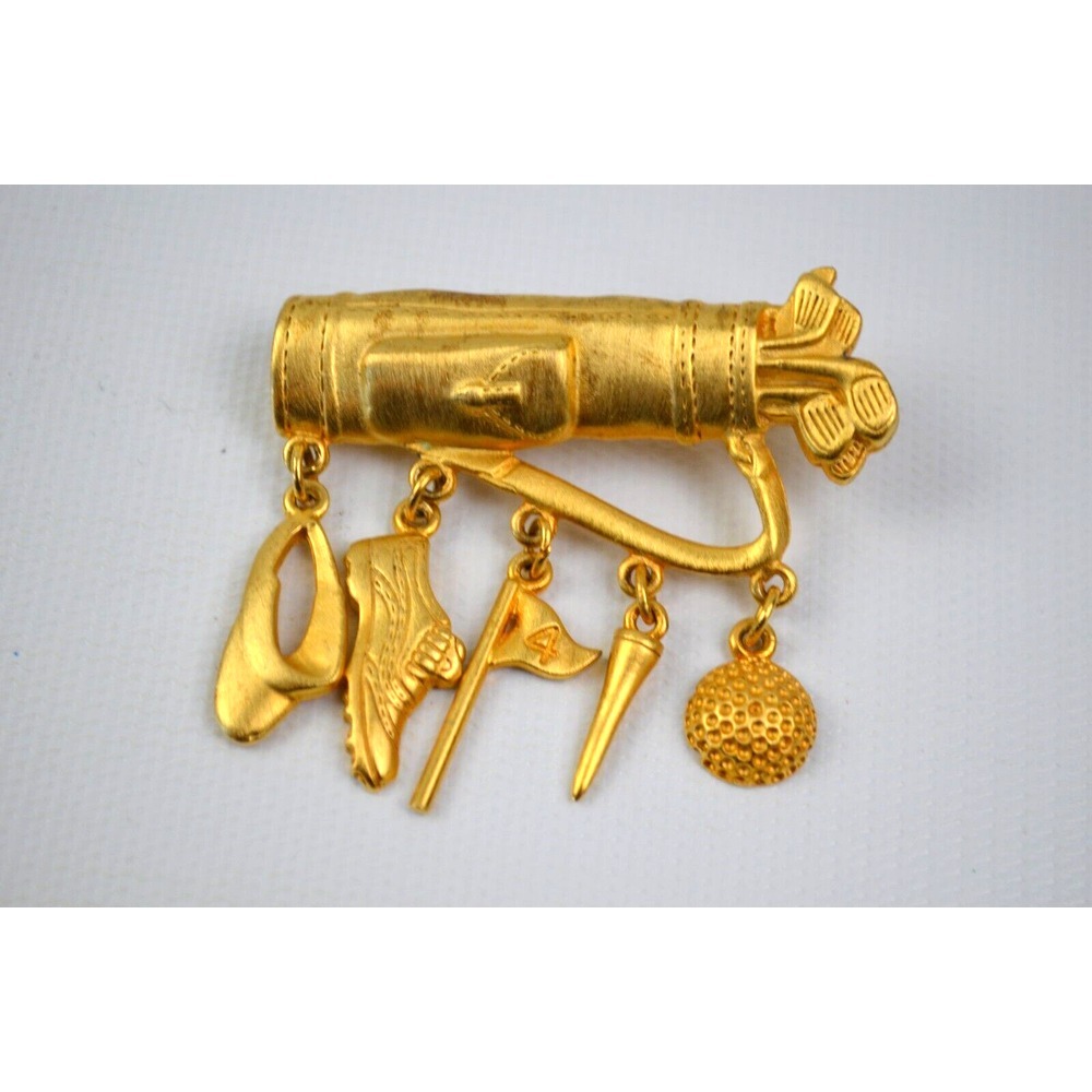 Vintage Gold Toned JJ GOLF CHARM BROOCH‎ Pin Visor Shoe Flag Tee Ball Clubs Bag